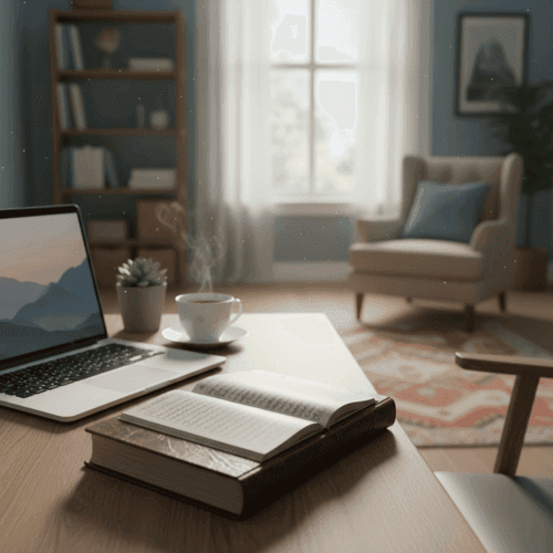 Serene Muslim workspace with Quran and laptop